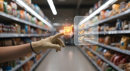 Grocery shopping list with checkmarks, digital interface, retail efficiency, and modern convenience concept.
