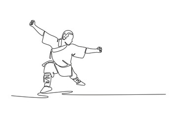 Continuous one line drawing male Shaolin Kung Fu master in a powerful stance, mid-punch with a raised guard, dynamic balance of offense and defense. Single line draw design vector graphic illustration