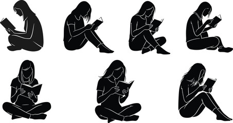 Black silhouette vector illustration of woman reading book in various seated positions, relaxing poses, educational concept, literature, learning design