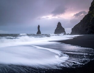 Dramatic black sand beach at dawn (1)