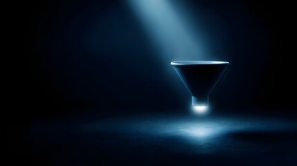 Abstract funnel illuminated by a blue spotlight representing business processes and digital marketing concepts