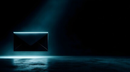 A stylized glowing blue envelope floats in a dark atmospheric studio illuminated by a dramatic spotlight