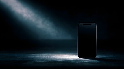 A dark smartphone with a blank screen dramatically illuminated by a single spotlight on a textured surface