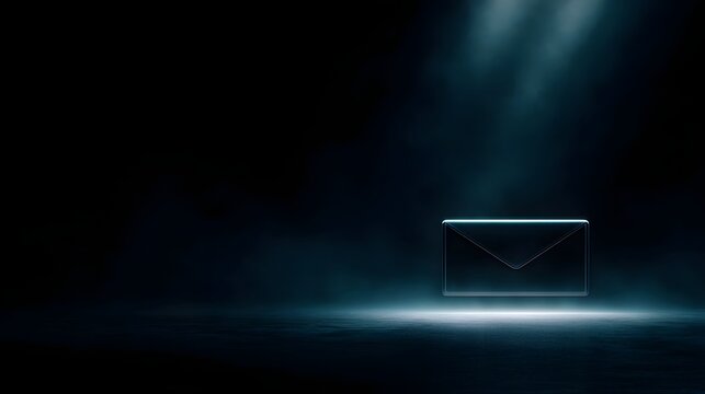 A glowing blue envelope icon floats in a dark smoky environment dramatically lit by spotlights from above representing digital communication - Powered by Adobe