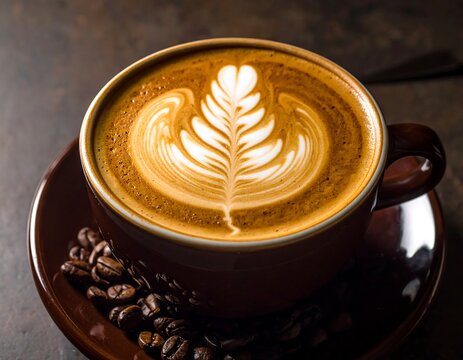 A rich latte art design atop a steaming coffee drink