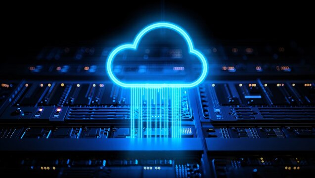 Glowing blue neon cloud symbol emitting data streams over server racks