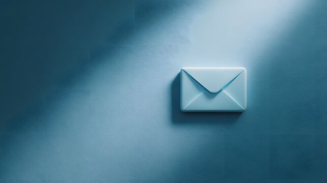 A minimalist light blue envelope icon with dramatic lighting and shadow on a textured blue background - Powered by Adobe
