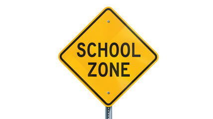 A yellow diamond school zone sign with black text on a metal pole against a black background image view