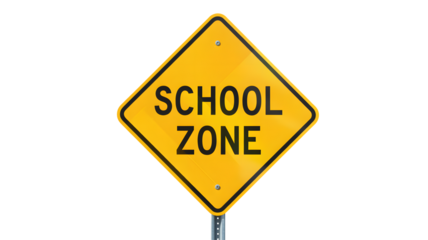 A yellow diamond school zone sign with black text on a metal pole against a black background image view