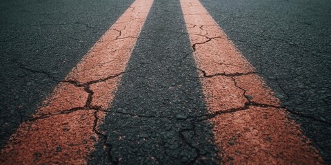 Cracked asphalt road with orange lines urban setting ground level perspective street photography concept