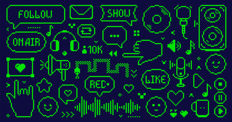 Obraz premium Green color set with 8 bit Y2K pixel color podcast elements.