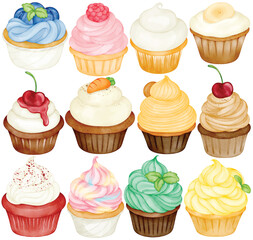 Watercolor Cupcake Clip Art Set Hand Painted Dessert Sweet Muffin Cherry Lemon Carrot Chocolate Vector Illustration