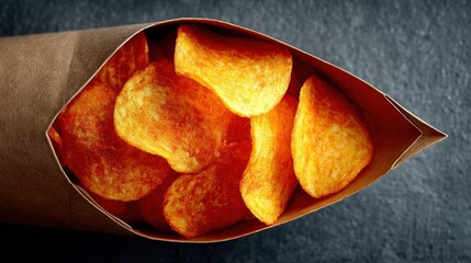 Indulge in crispy, golden potato chips spilling from a rustic brown paper bag, perfect for satisfying snack cravings and sharing moments.