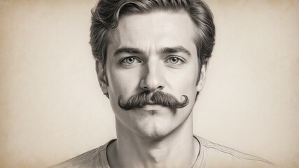 Stylish man with a mustache, serious expression, graphic portrait on a light background