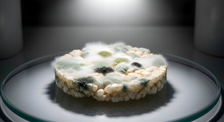 Close-up of a moldy rice cake on a petri dish, demonstrating food spoilage