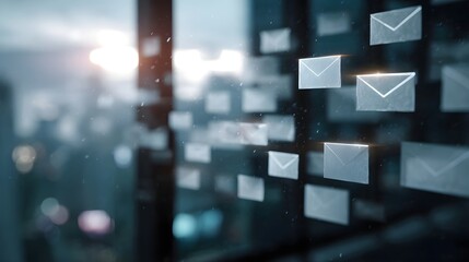 Abstract digital envelopes floating in a dark luminous space symbolizing electronic communication and global connectivity