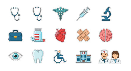 Medical healthcare icons set representing various medical equipment and symbols.