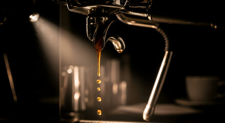 Close-up of espresso machine pouring coffee into a cup in a dark environment