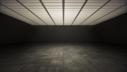 Virtual background studio. industrial, backdrop Ideal for tech news, automotive events or music videos. 3D illustration backdrop suitable on VR tracking system stage sets, with green screen