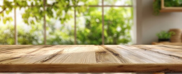 The wooden tabletop bathed in morning sunlight with blurred garden window backdrop