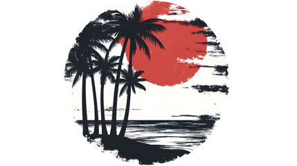 Minimalist circular art of tropical sunset with silhouetted palm trees