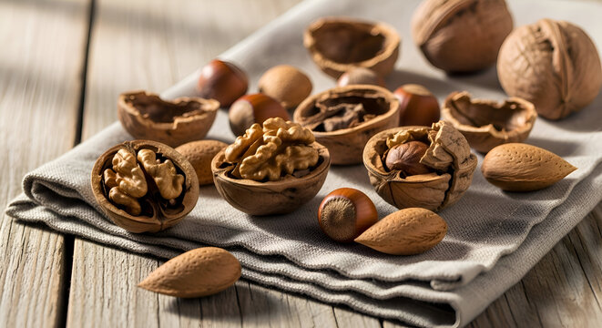 Close-up of various organic nuts on a wooden surface with a rustic appeal