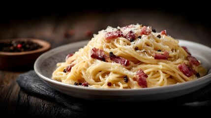 A delectable plate of Spaghetti Carbonara featuring pasta with bacon creamy sauce and Parmesan cheese