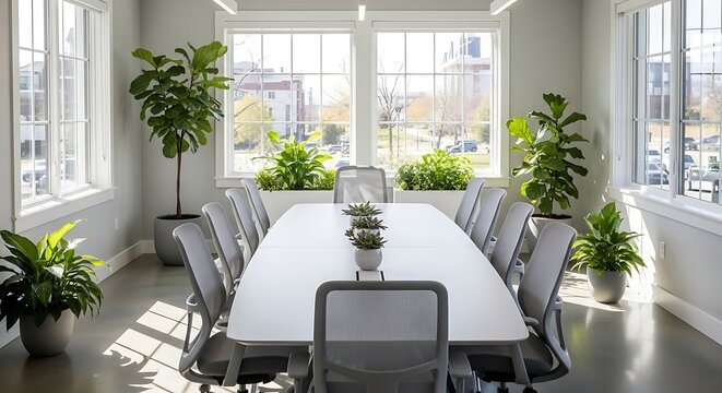 Bright and modern conference room with natural light and abundant greenery - Powered by Adobe