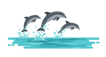 Fototapeta premium Three Gray Dolphins Leaping from Stylized Blue Water.