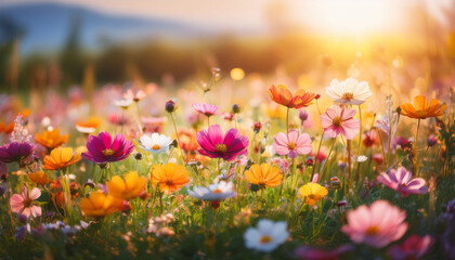 Obraz premium Vibrant Meadow Of Spring With Colorful Wildflower Blooms Under Soft Sunlight Creating Peaceful And Lively Natural Scene