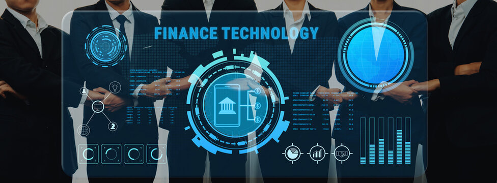 Group of business professionals illustrate the integration of finance technology and digital tools. Emphasizes innovation, teamwork, and modern solutions in business. Trope