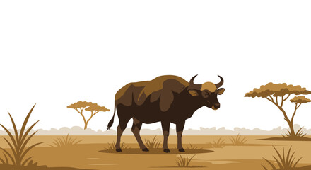 Gaur Illustration in a Savannah Landscape Brown Tones.