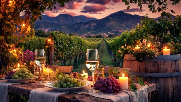 An outdoor vineyard dinner setting, complete with wine glasses, candles, and fresh grapes, bathed in the warm light of a sunset.