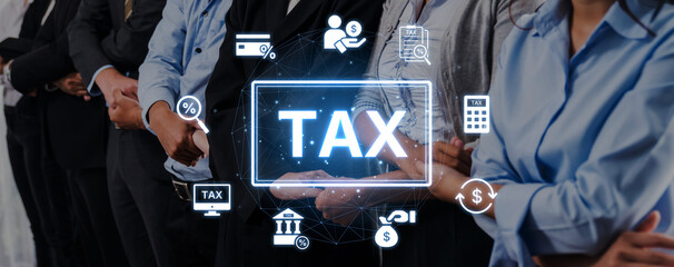 A group of professionals in business attire stands in line, surrounded by modern graphics representing tax concepts, finance symbols, and financial planning elements. Trope