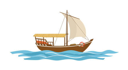 Cartoon Wooden Sailboat with Thatched Roof on Blue Waves.