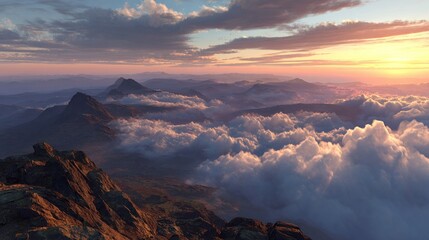 Mountain peaks pierce clouds at sunset