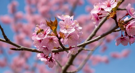 Fototapeta premium Captivating bee collecting nectar on a cherry blossom under blue sky