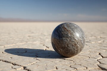 Gray sphere on cracked desert