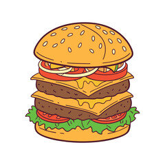 A delicious towering double cheeseburger with fresh lettuce tomato onion and melted cheese stacked high on a sesame seed bun isolated on white background