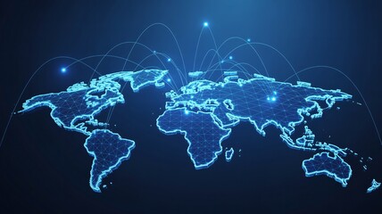 Global connections network on a digital world map with glowing nodes