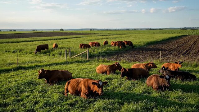 Medium shot of cattle resting and grazing cyclically managed paddocks emphasizing rotational grazings role in reducing overgrazing and increasing soil organic matter.