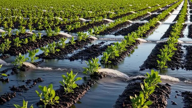 Medium shot capturing flood irrigation in camelina fields showing water distribution flooding the base of plants promoting soil moisture saturation