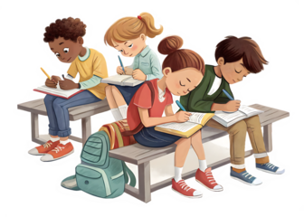 Diverse group of children sitting on benches writing in notebooks with backpacks nearby kids students isolated on a transparent background