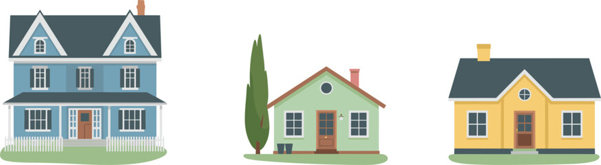 Residential houses, architectural styles, colorful homes, gabled roofs, picket fence, chimneys, suburban neighborhood, cozy dwellings, home design, exterior illustration