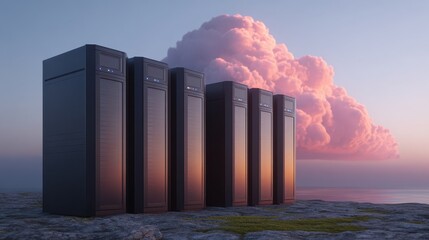 Modern Server Hall with Cloudy Sky and Calm Water Reflection