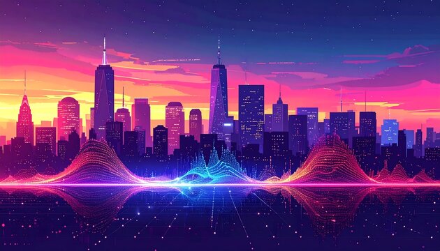 Futuristic city skyline at sunset