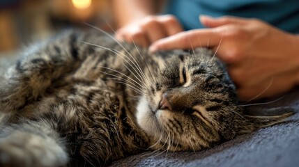 A tabby cat resting, being petted