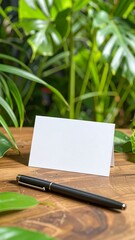 Blank card on wooden table amidst lush greenery