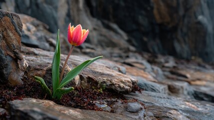 Single tulip blossoms amidst rugged rocks