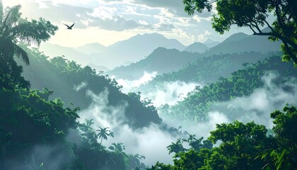 Lush, misty mountain valley with jungle foliage
